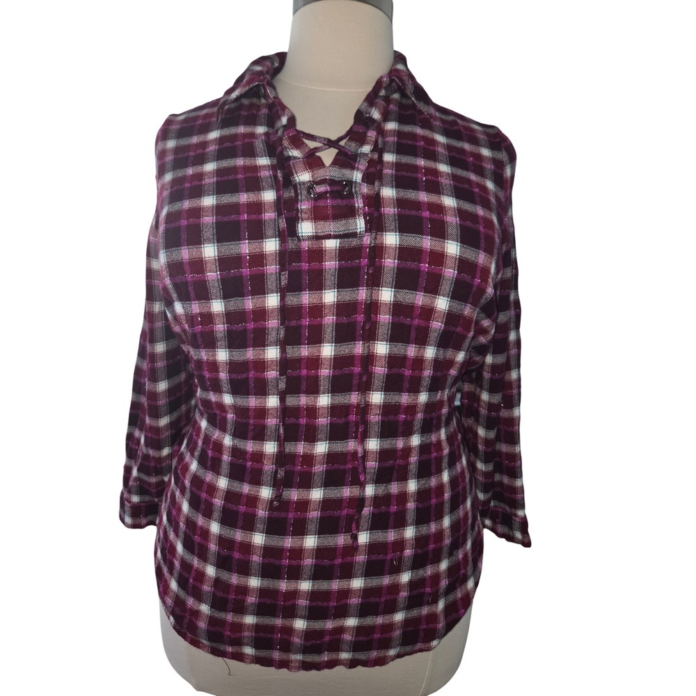 Lane Bryant Womens Plaid Lace Up Blouse Burgundy Purple Metallic Lurex 18/20